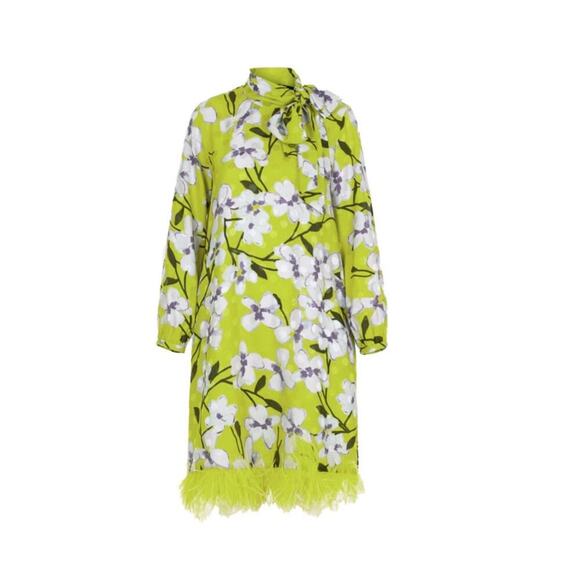 Carolina Herrera Silk Mini Dress M Feathers Long Sleeve Green Floral Neck Tie - Picture 6 of 10